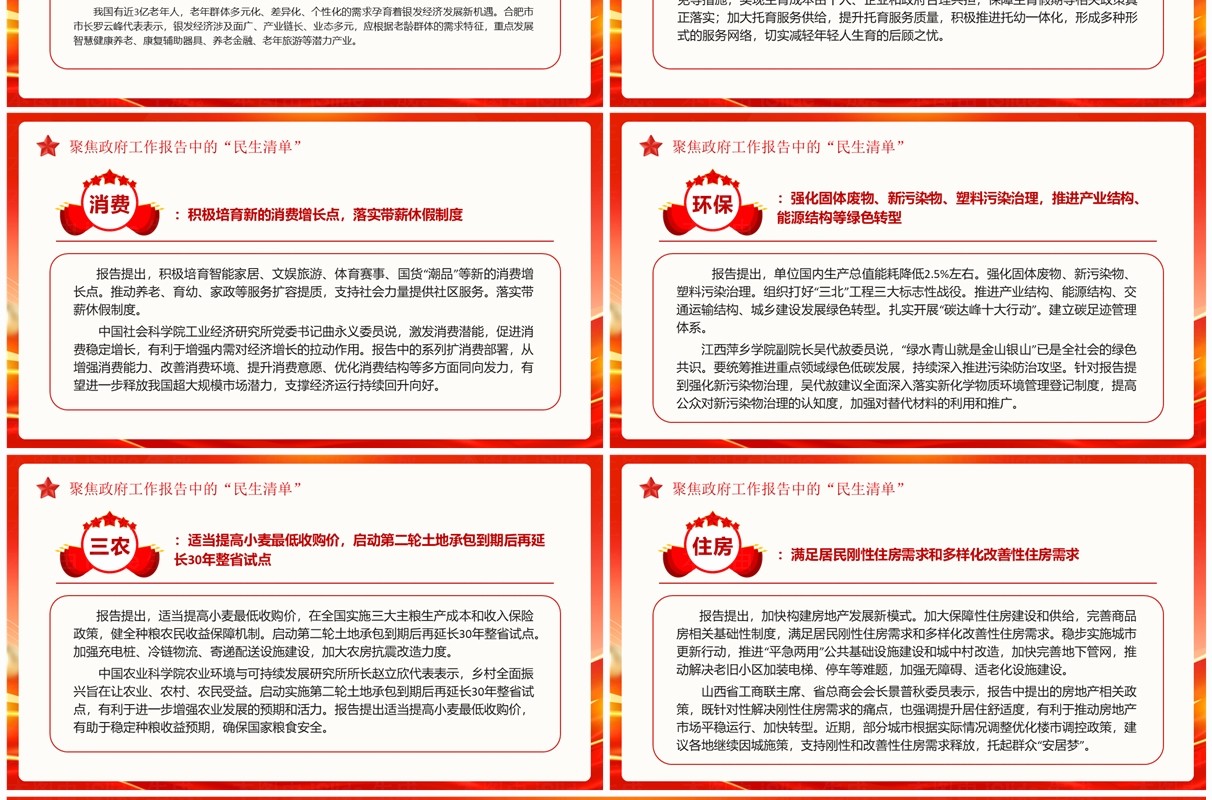 红色简约风政府工作报告中的民生清单PPT模板