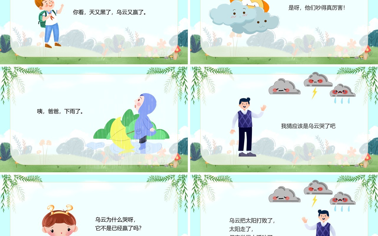 黄色卡通风儿童故事绘本之太阳和乌云PPT模板