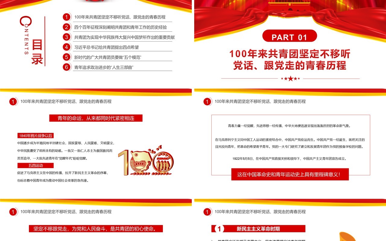 红色简约共青团成立100周年大会PPT模板