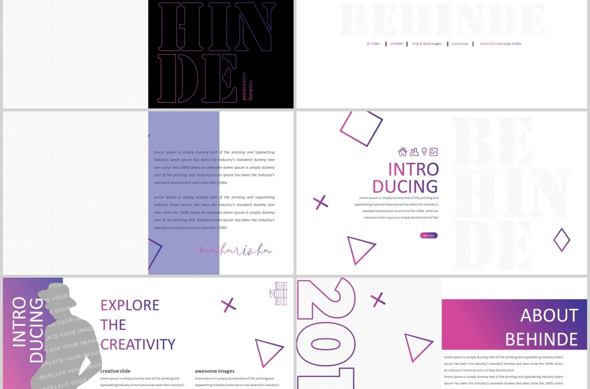 时尚产品项目介绍PPT模板版式设计BEHINDE powerpoint purple