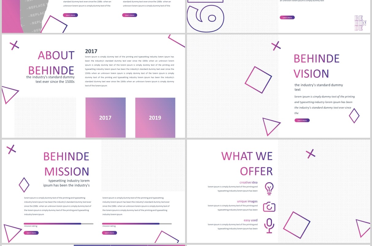时尚产品项目介绍PPT模板版式设计BEHINDE powerpoint purple