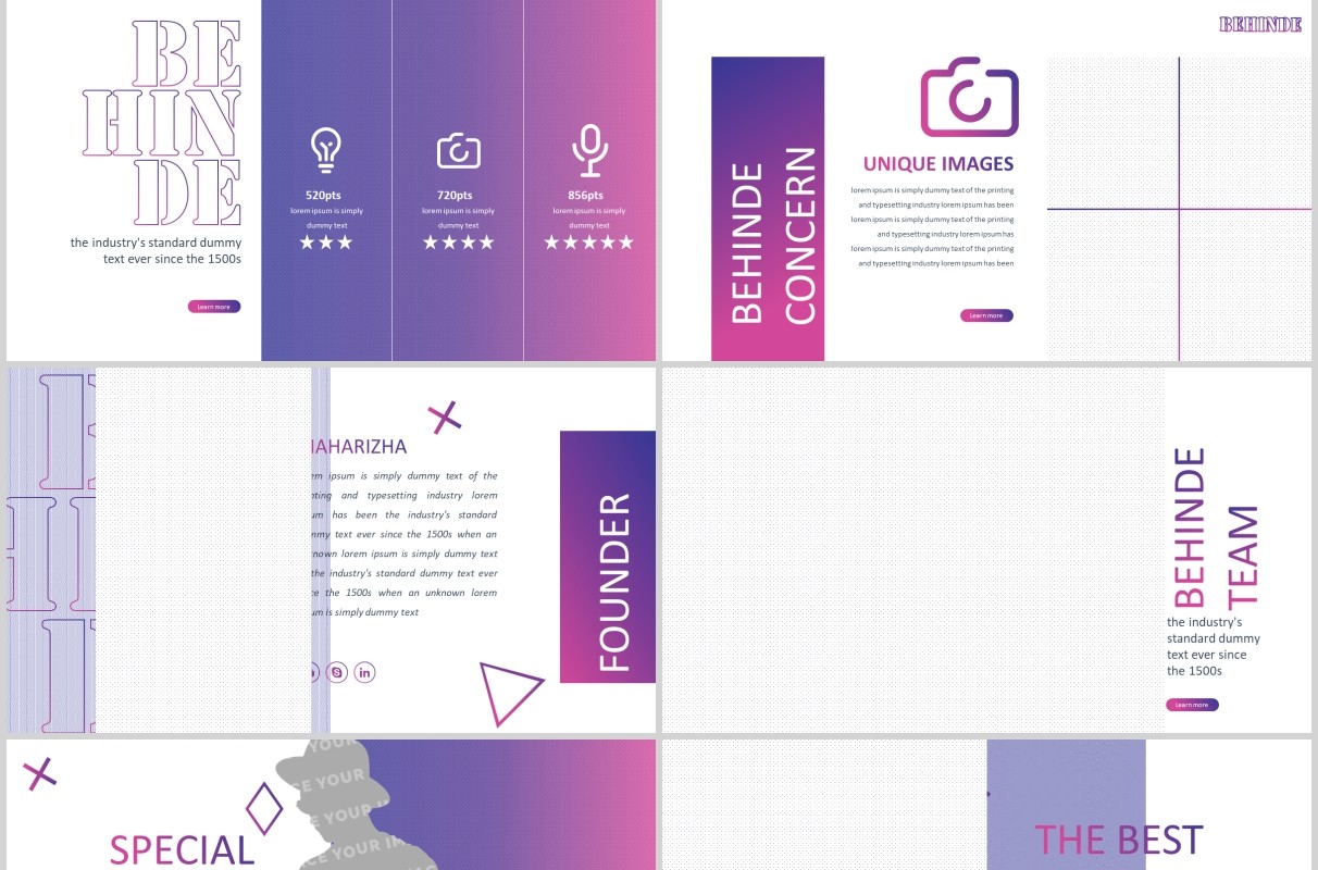 时尚产品项目介绍PPT模板版式设计BEHINDE powerpoint purple