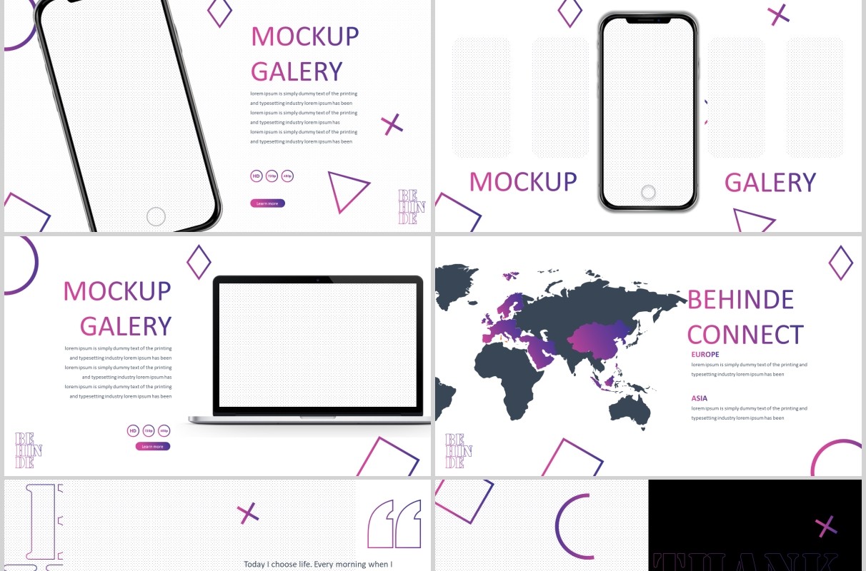 时尚产品项目介绍PPT模板版式设计BEHINDE powerpoint purple