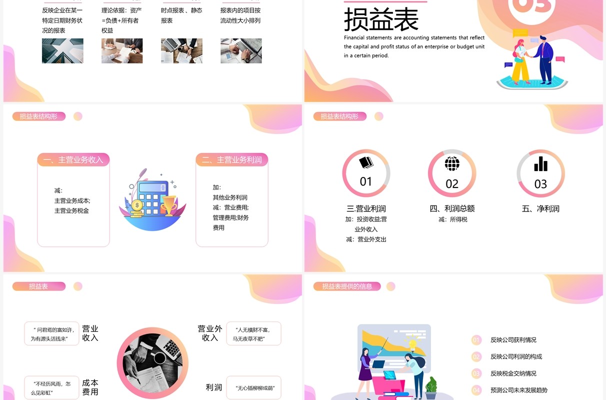 粉色渐变扁平风财务三大报表解读PPT模板