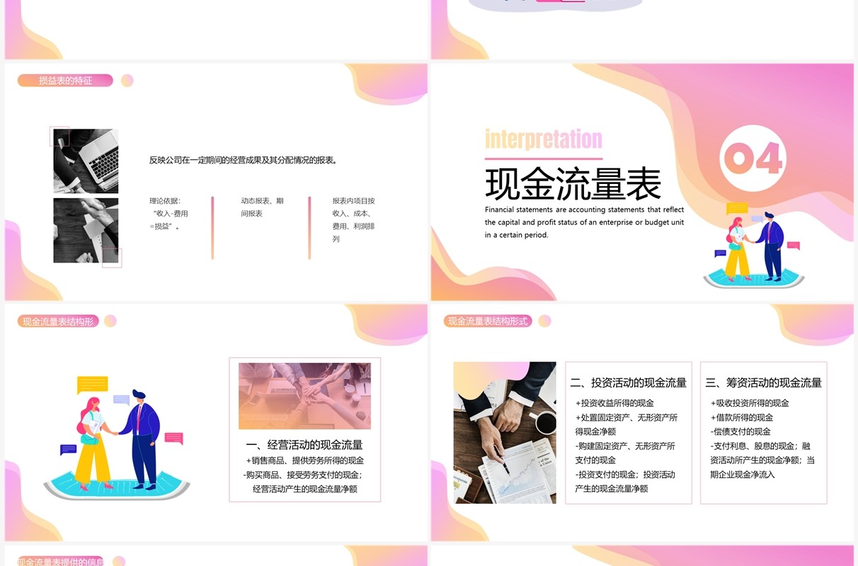 粉色渐变扁平风财务三大报表解读PPT模板