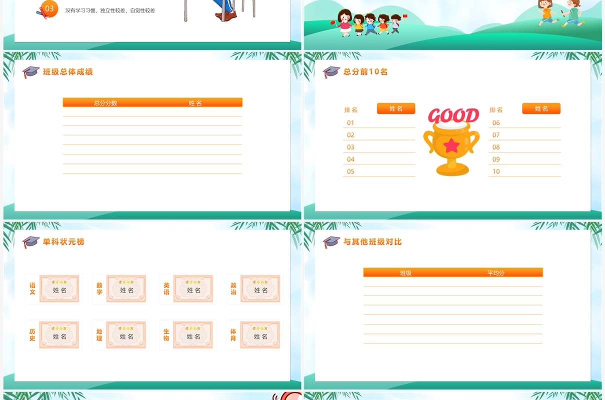 绿色卡通风期中考试成绩分析PPT模版