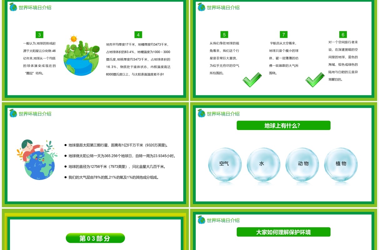 绿色简约卡通风世界环境日PPT模板