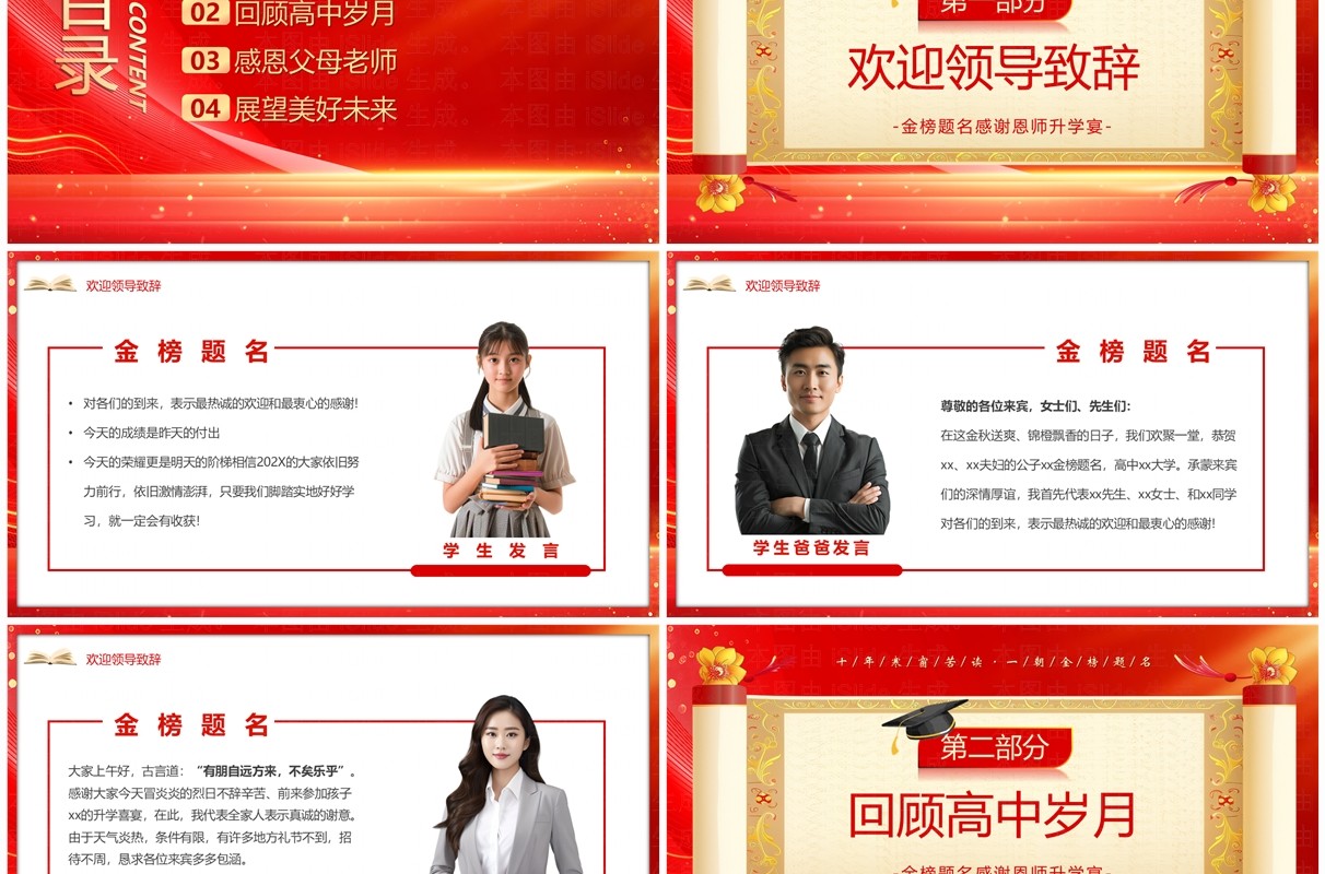 红金大气简约风金榜题名升学宴PPT模板