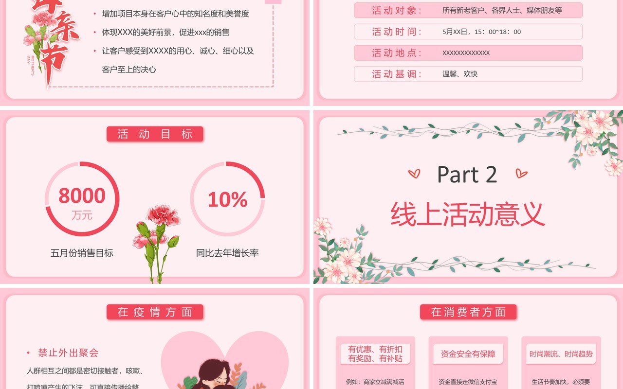 粉色小清新母亲节线上购物活动策划PPT模板