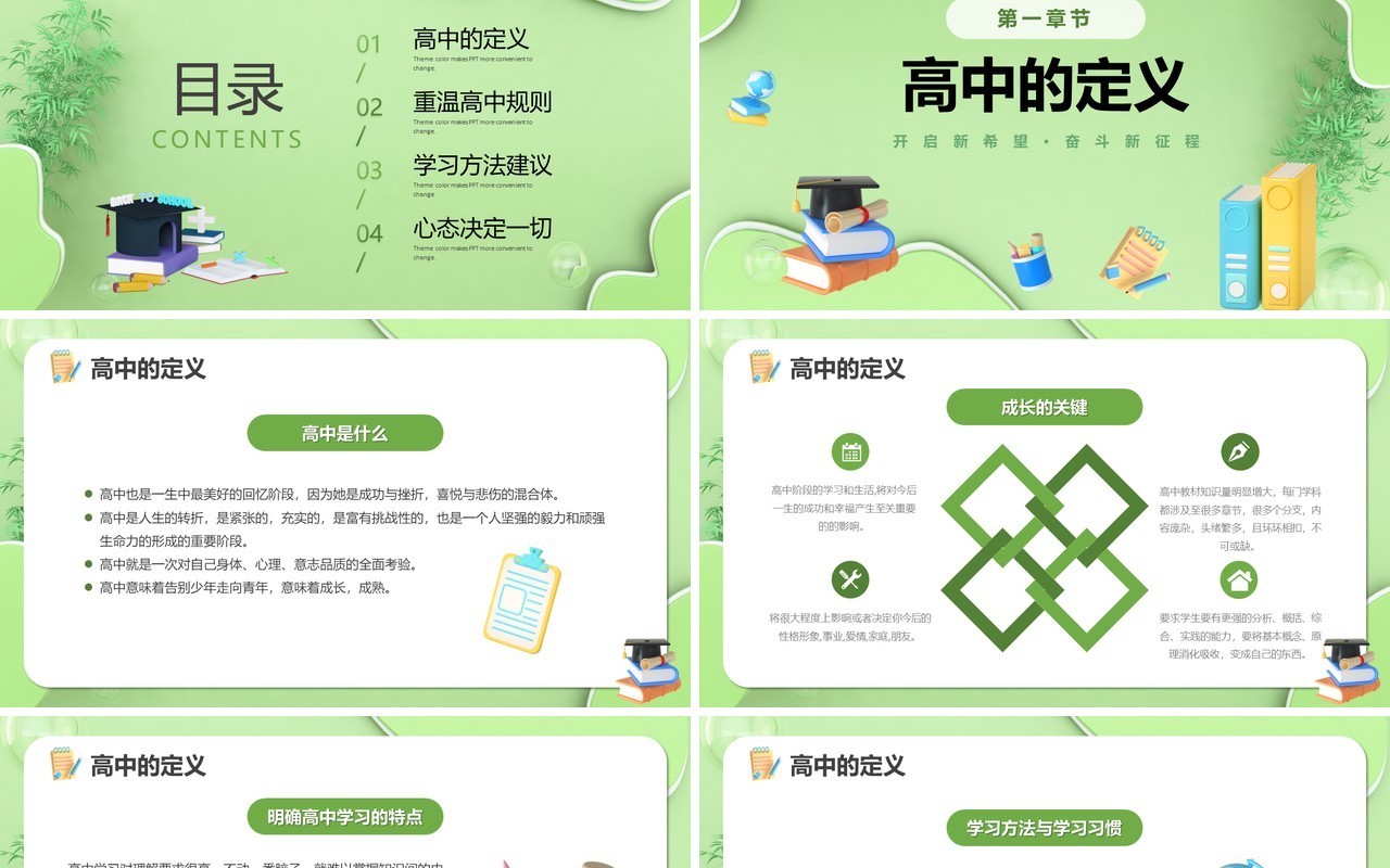 绿色3D卡通风高中开学第一课PPT模板