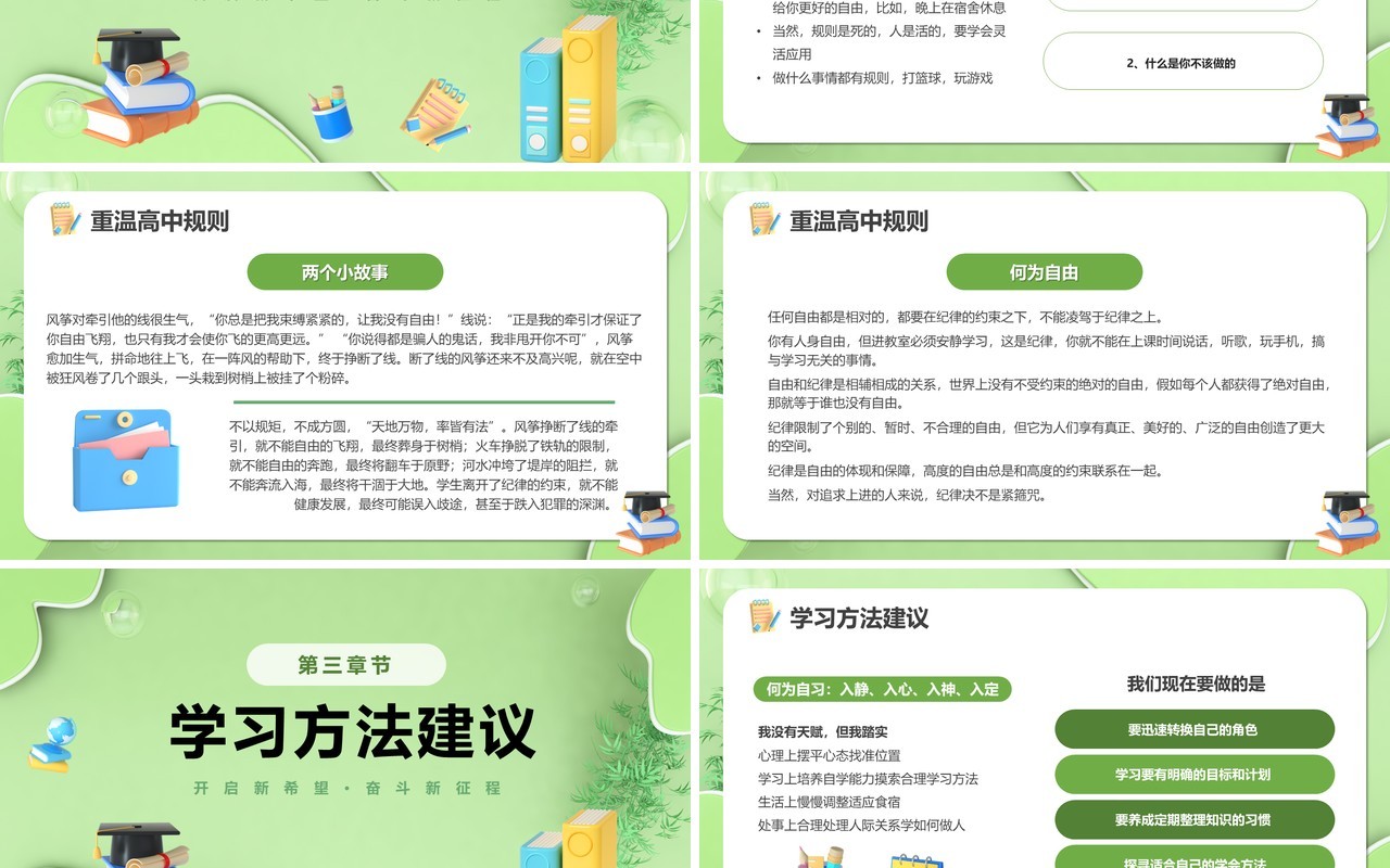 绿色3D卡通风高中开学第一课PPT模板