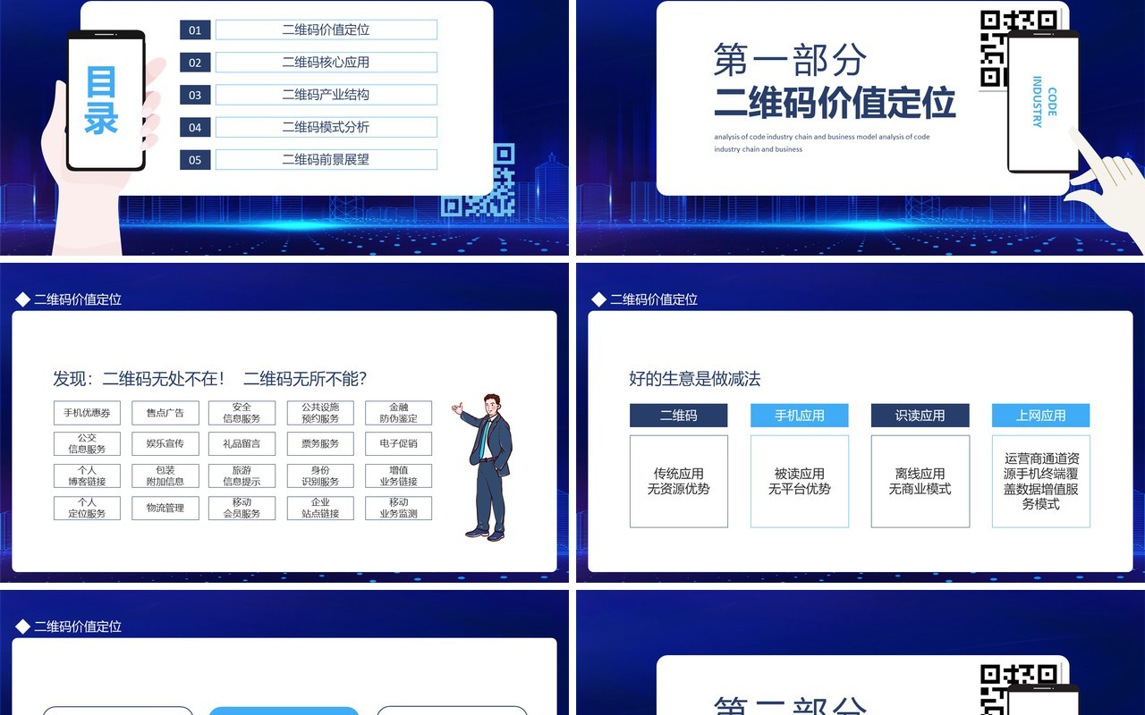 蓝色二维码产业链与商业模式分析动态PPT模板