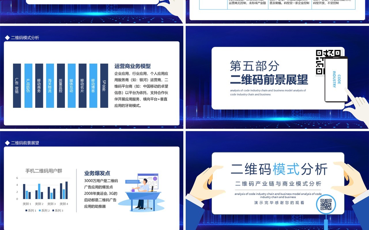 蓝色二维码产业链与商业模式分析动态PPT模板