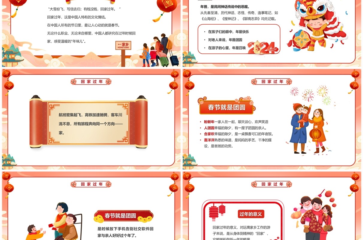 红色中国风回家过年团团圆圆PPT模板
