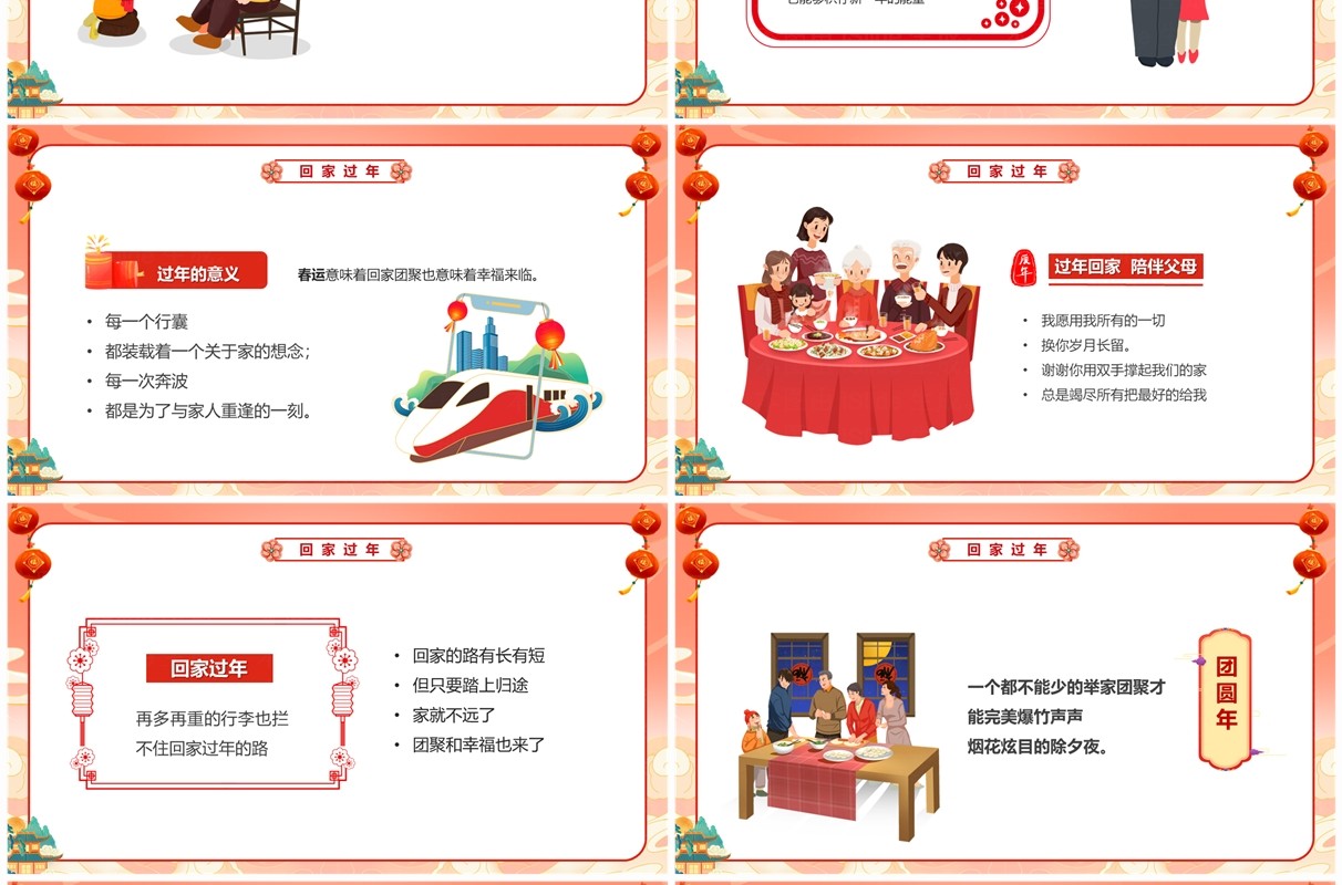 红色中国风回家过年团团圆圆PPT模板