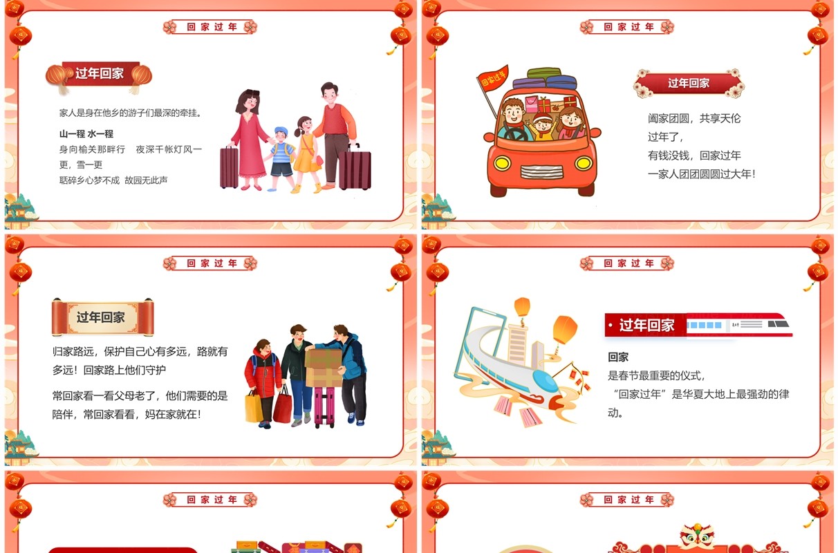 红色中国风回家过年团团圆圆PPT模板