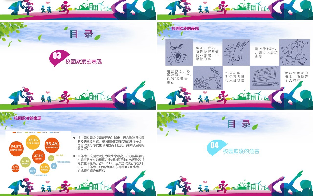彩色中小学生校园安全拒绝校园欺凌主题班会PPT模板