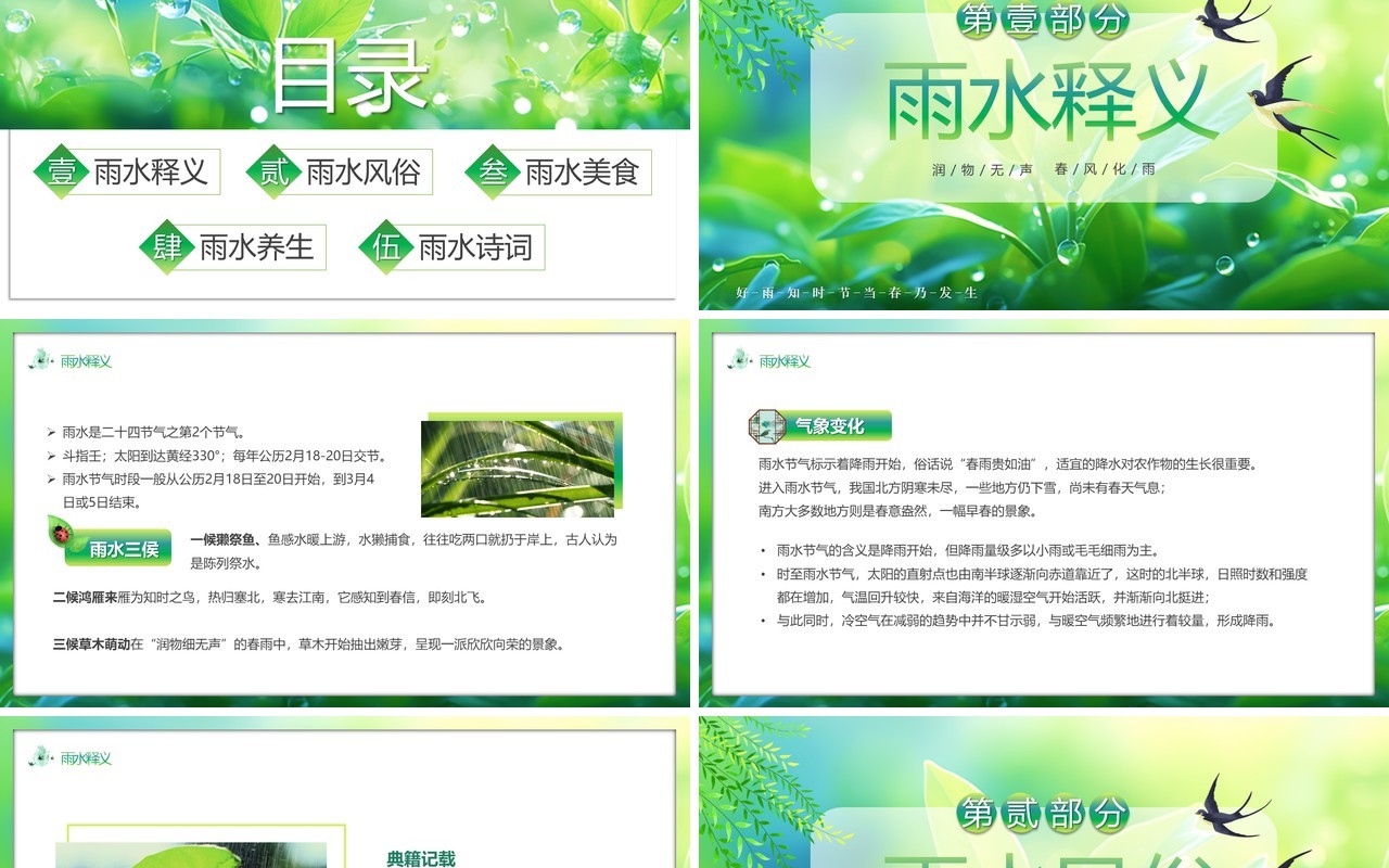 绿色清新风二十四传统节气雨水PPT模板