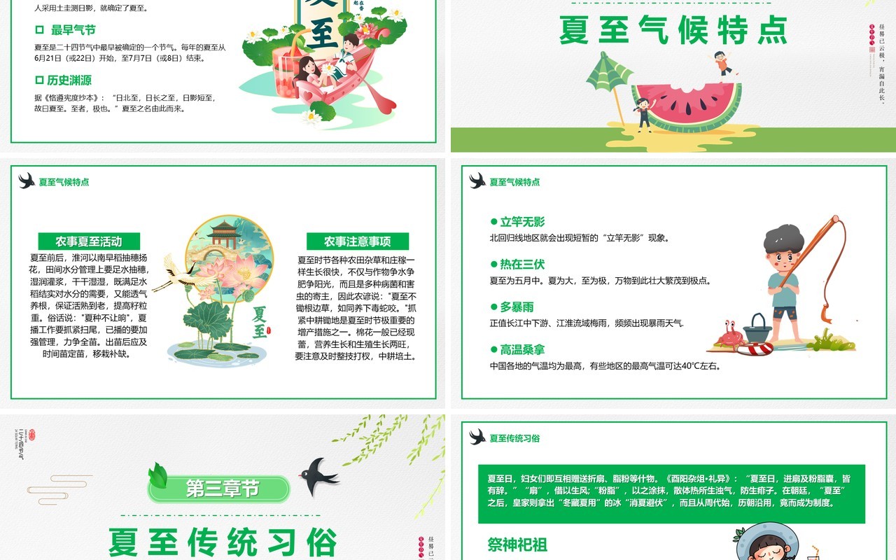 绿色卡通传统节气之夏至介绍PPT模板