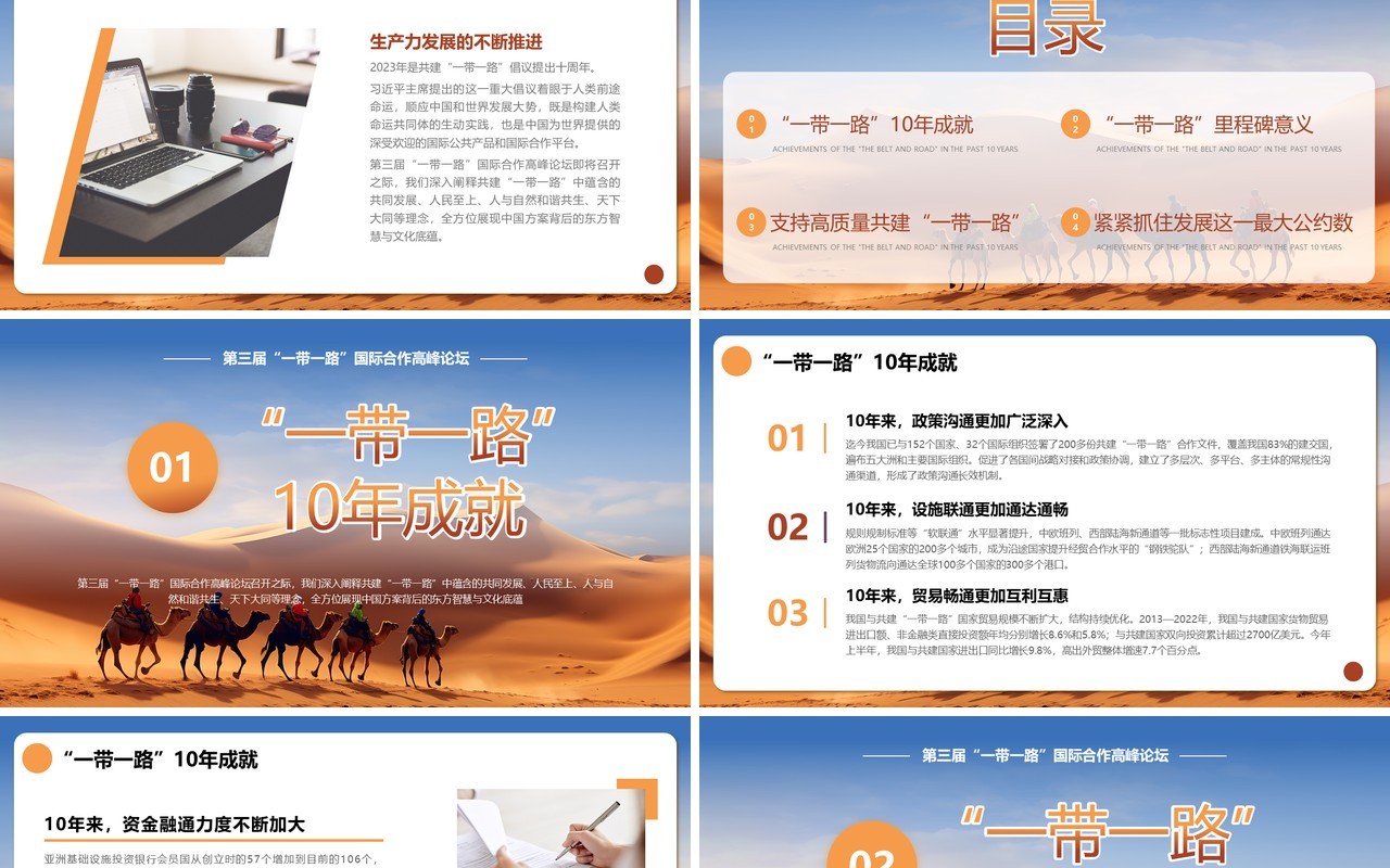 蓝橙简约风相遇之路繁荣之路一带一路PPT模板