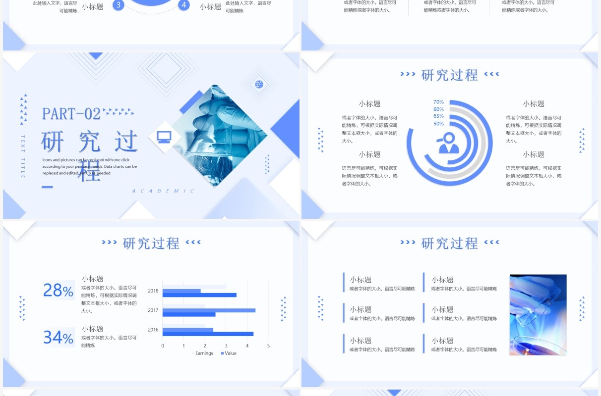 蓝色简约几何风学术研讨汇报PPT通用模板