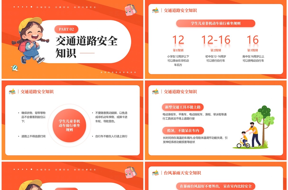 橙色卡通风开学第一课安全每一刻PPT模板