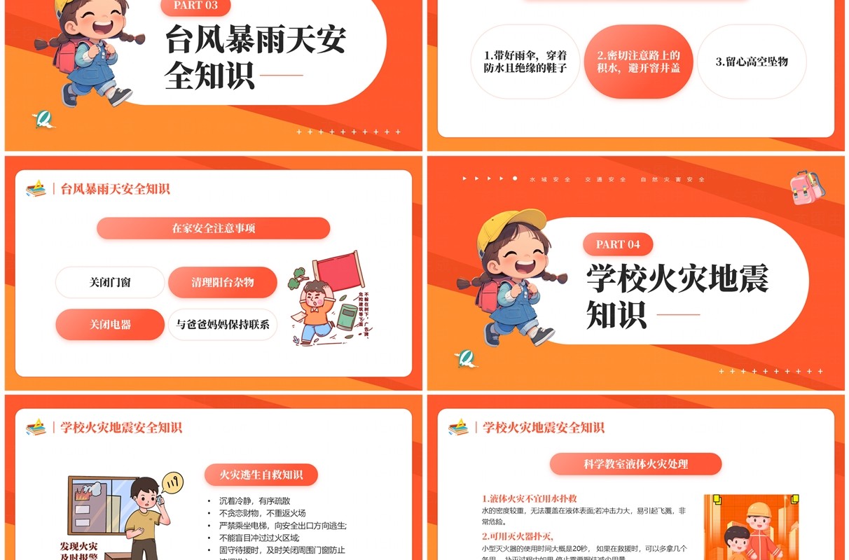 橙色卡通风开学第一课安全每一刻PPT模板
