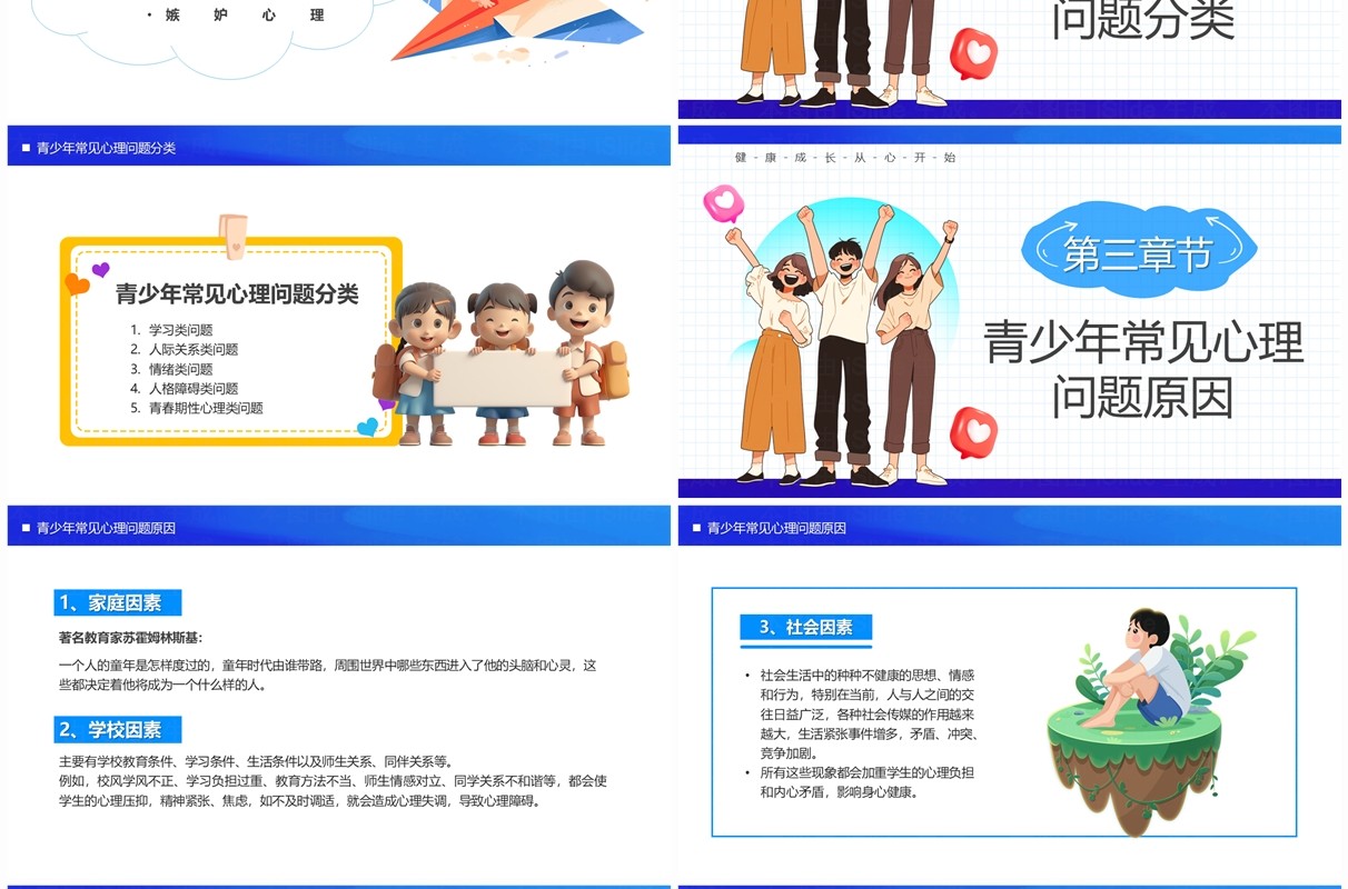 蓝色卡通风关爱青少年心理健康PPT模板