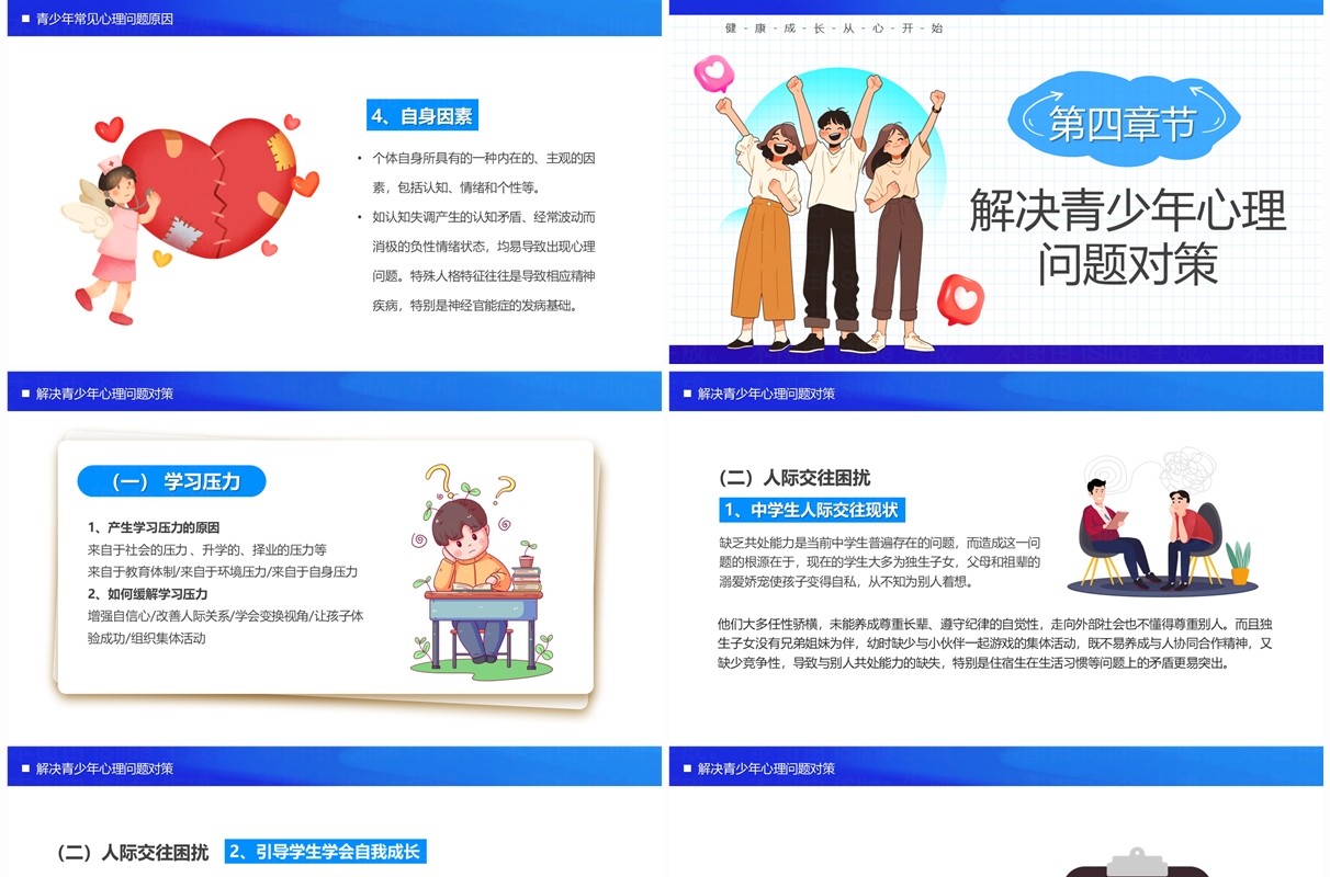 蓝色卡通风关爱青少年心理健康PPT模板
