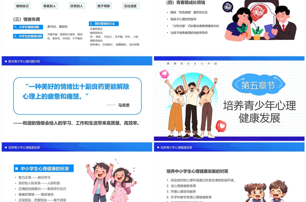 蓝色卡通风关爱青少年心理健康PPT模板