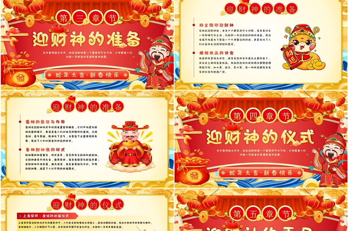 红色国潮风初五迎财神习俗介绍PPT模板