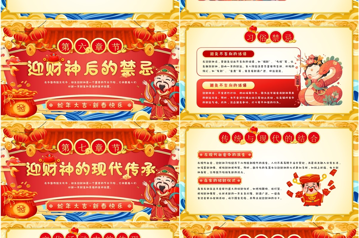 红色国潮风初五迎财神习俗介绍PPT模板