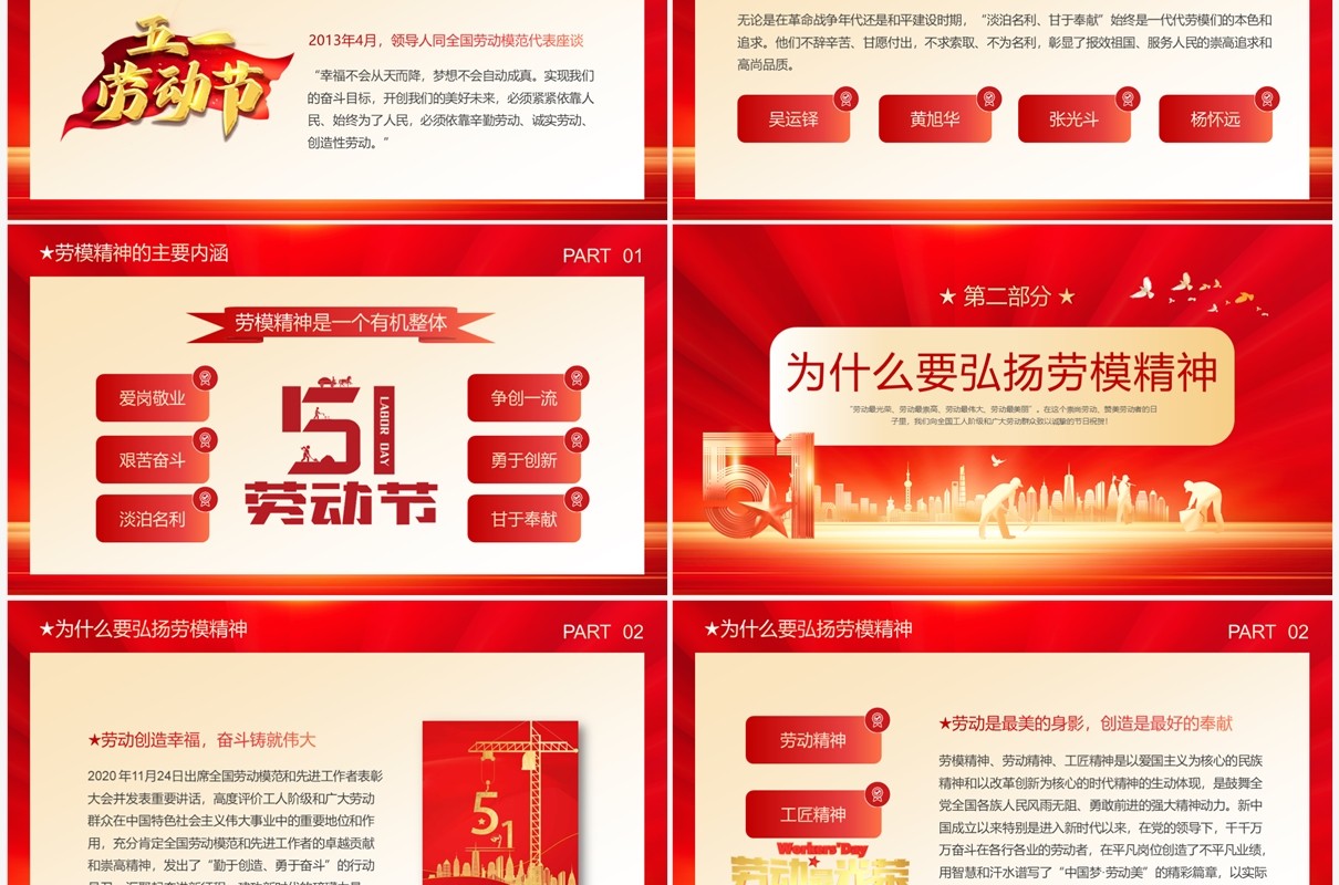 红金简约风五一劳动节弘扬劳模精神专题PPT模板