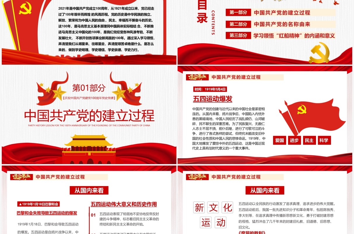 红色党政风中国共产党的建立专题党史党课学习教育PPT模板