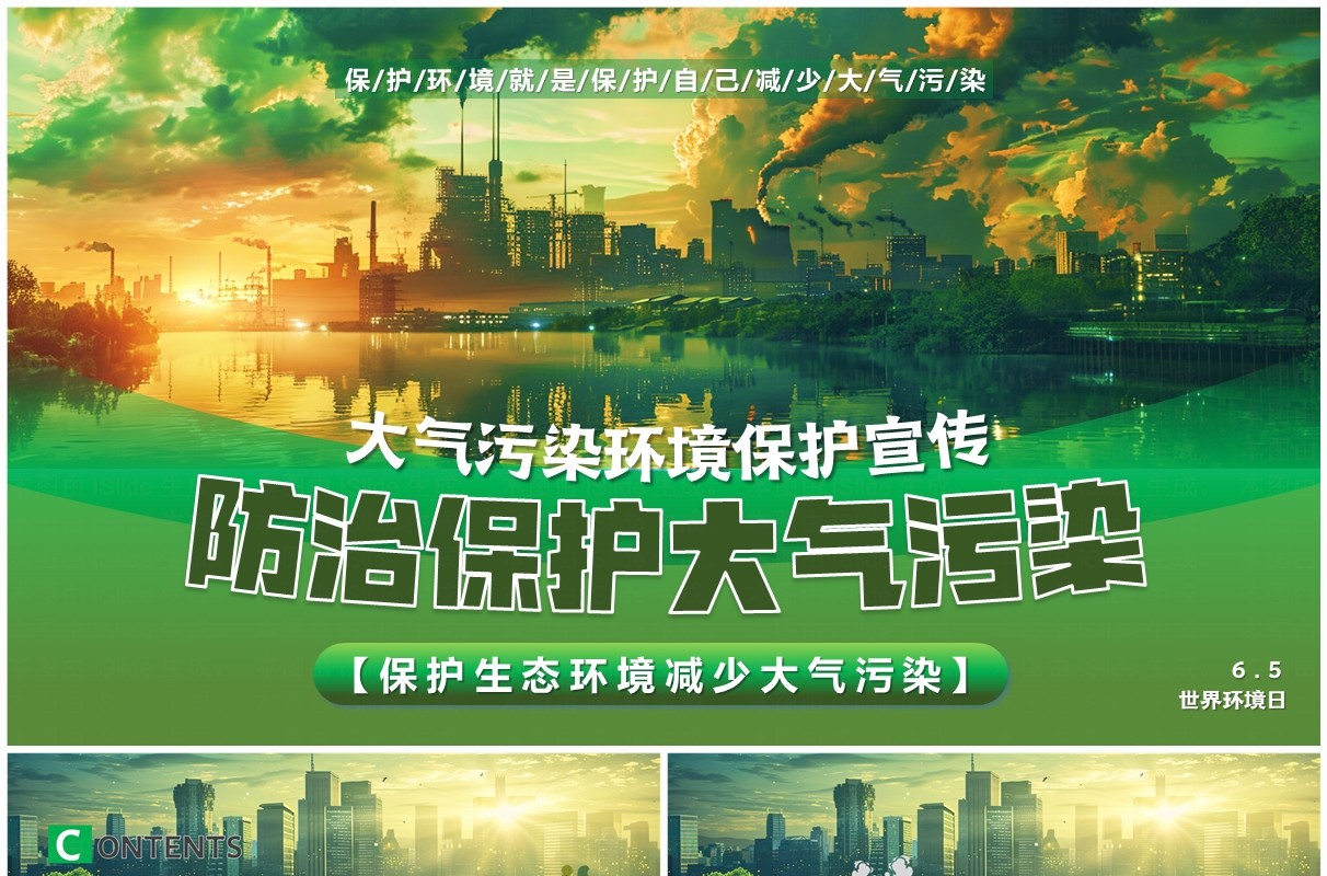 绿色插画风防治保护大气污染PPT模板