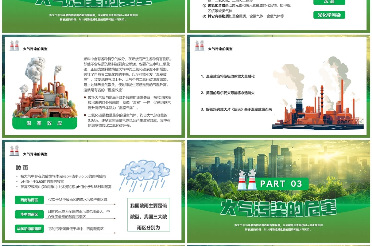绿色插画风防治保护大气污染PPT模板