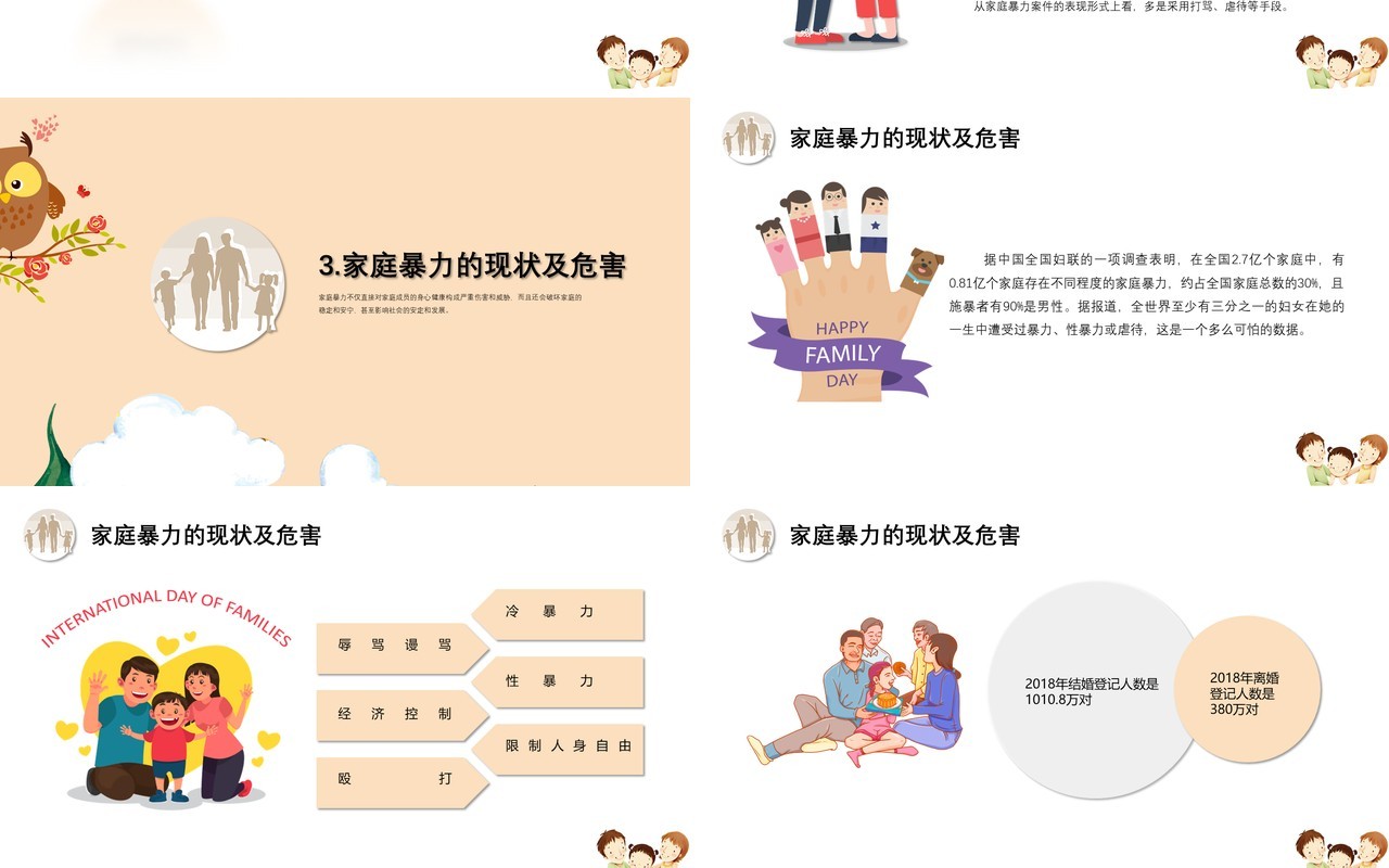 儿童卡通反对家庭暴力呵护美好生活家园PPT模板
