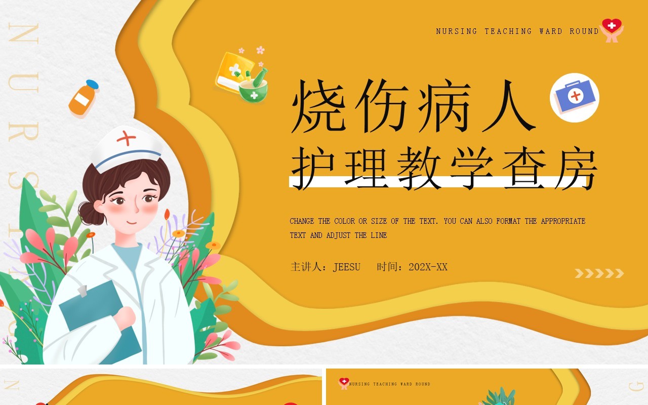 黄色插画风烧伤病人护理教学查房报告PPT模板