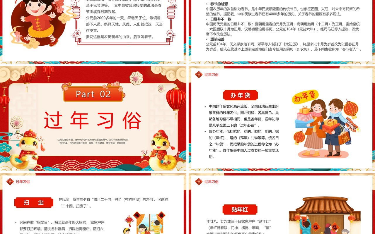 红色中国风2025蛇年送福过年介绍PPT模板