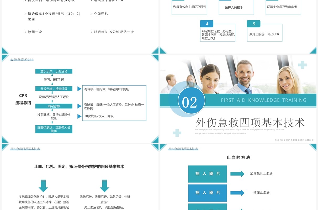 蓝绿色简约风急救知识培训PPT模板