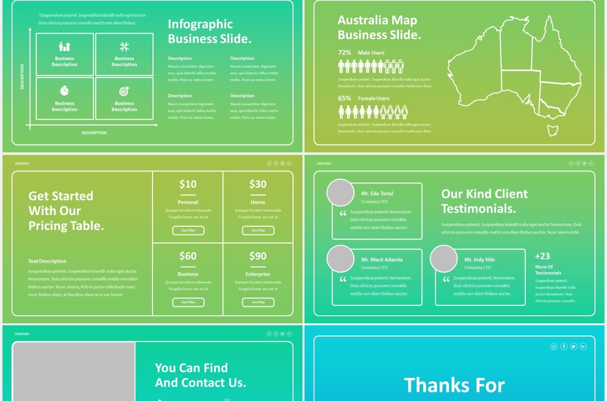蓝绿色渐变商务公司业务宣传介绍PPT图片排版设计模板Trafero - Business Powerpoint Template
