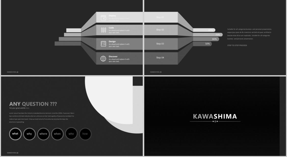 黑色公司介绍产品宣传PPT信息可视化模板Kawashima Powerpoint