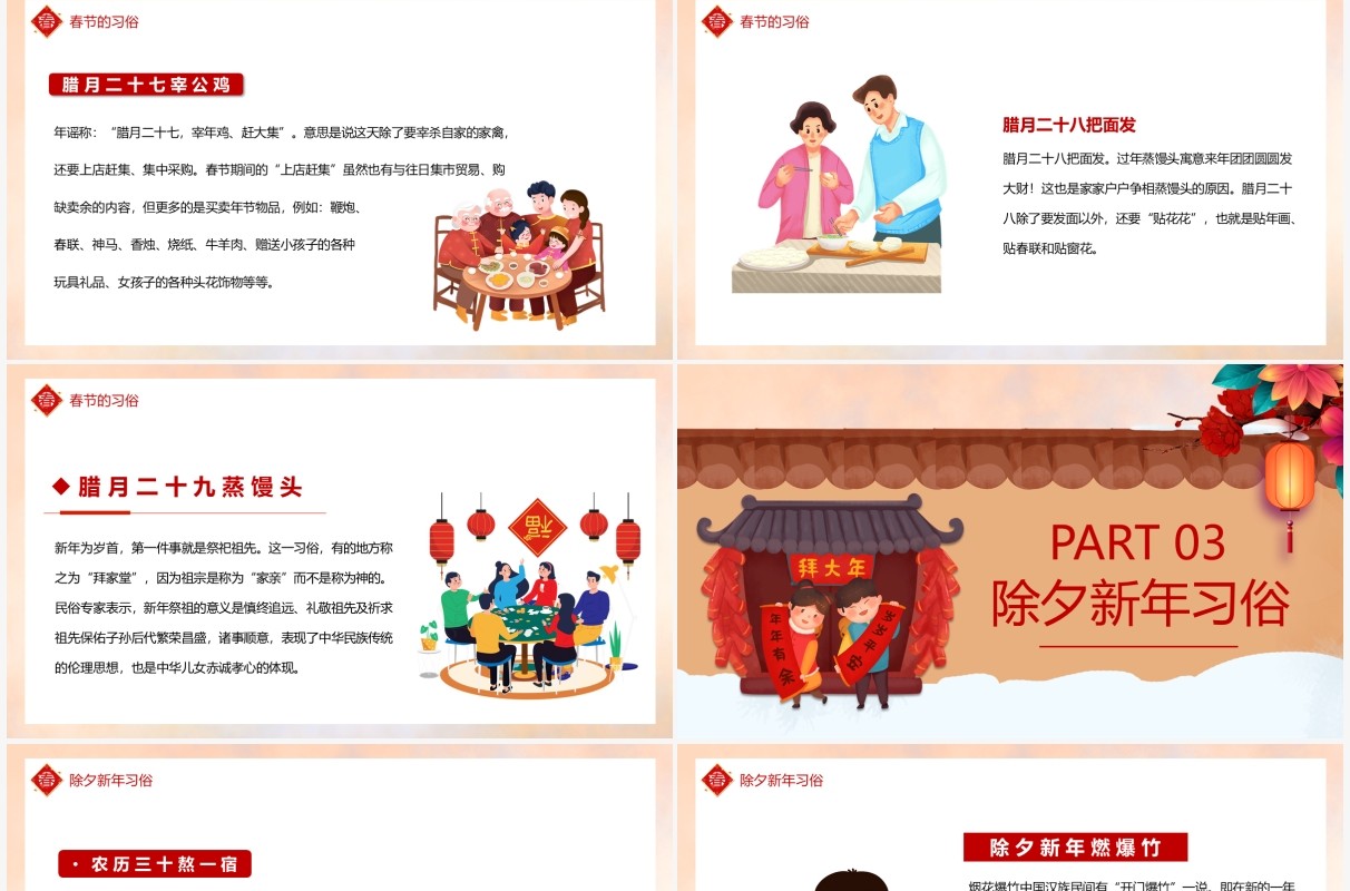 红色插画风春节的习俗宣传介绍PPT模板