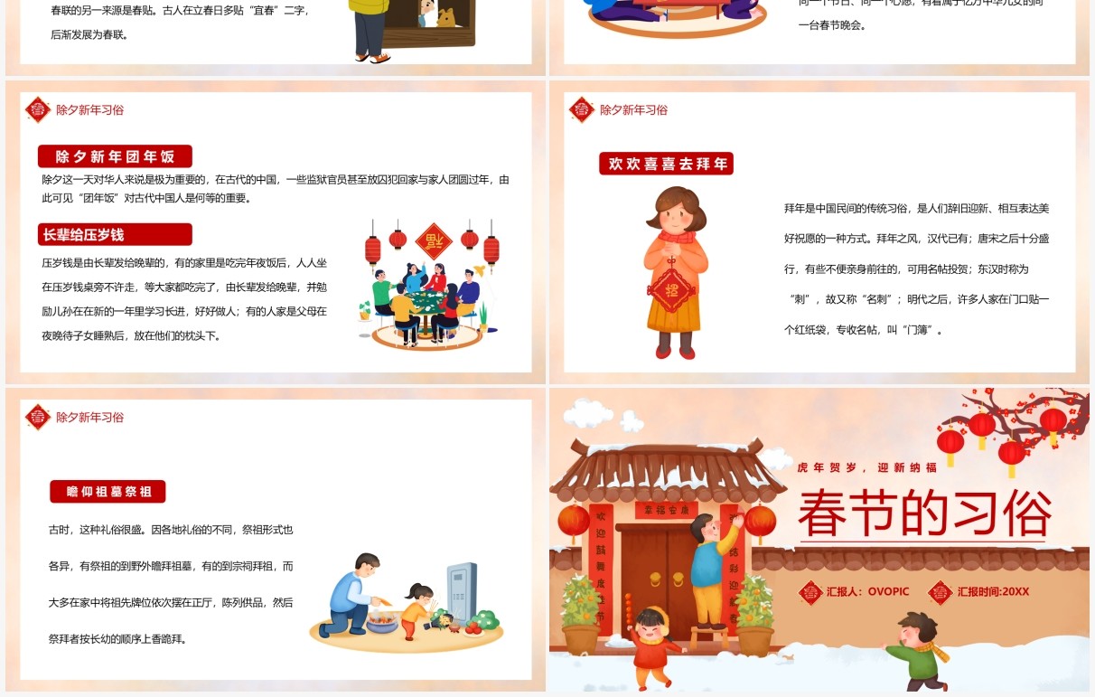 红色插画风春节的习俗宣传介绍PPT模板