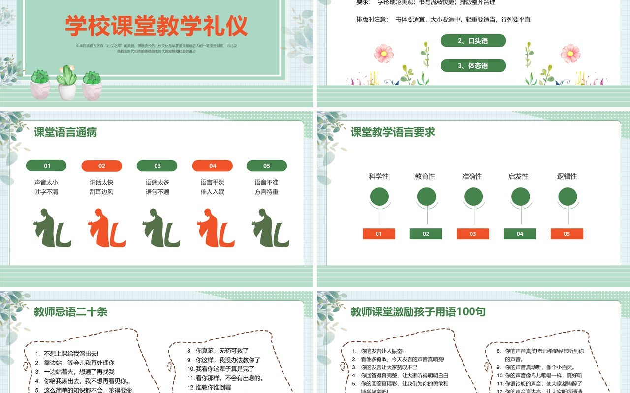 绿色清新卡通风课堂礼仪培训PPT模板