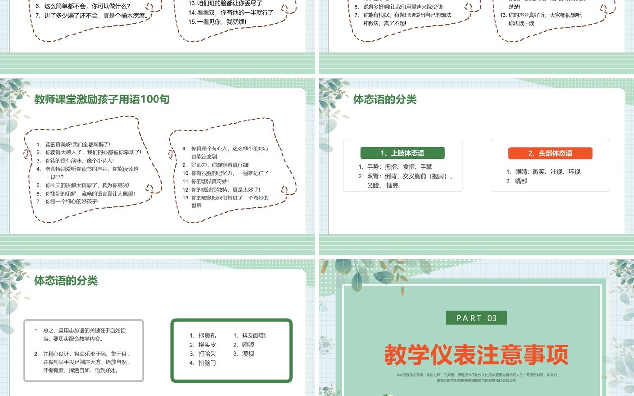 绿色清新卡通风课堂礼仪培训PPT模板