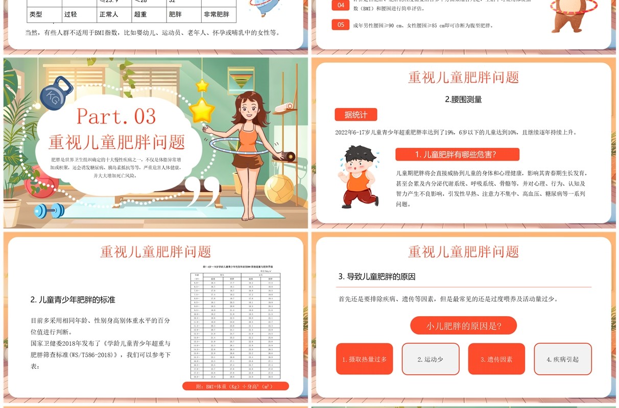 红色插画风世界防治肥胖日宣传PPT模板