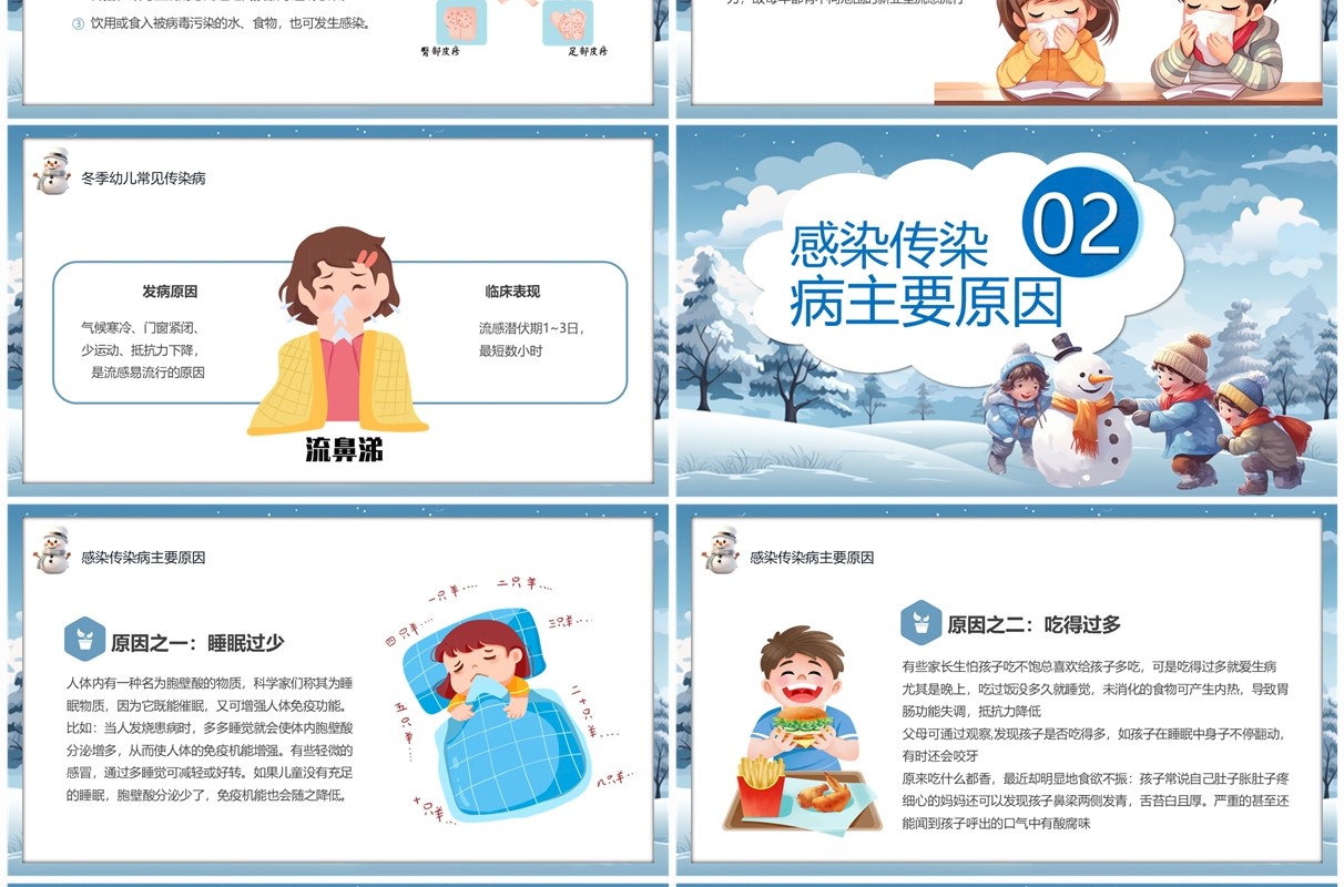 蓝色卡通科学防病健康过冬传染病预防PPT模板