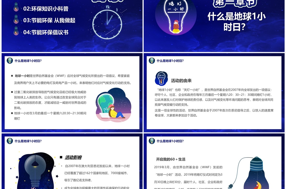 蓝色卡通风地球一小时环保PPT模板