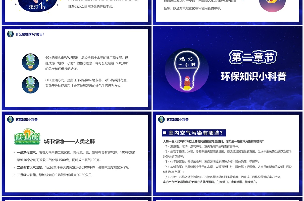 蓝色卡通风地球一小时环保PPT模板